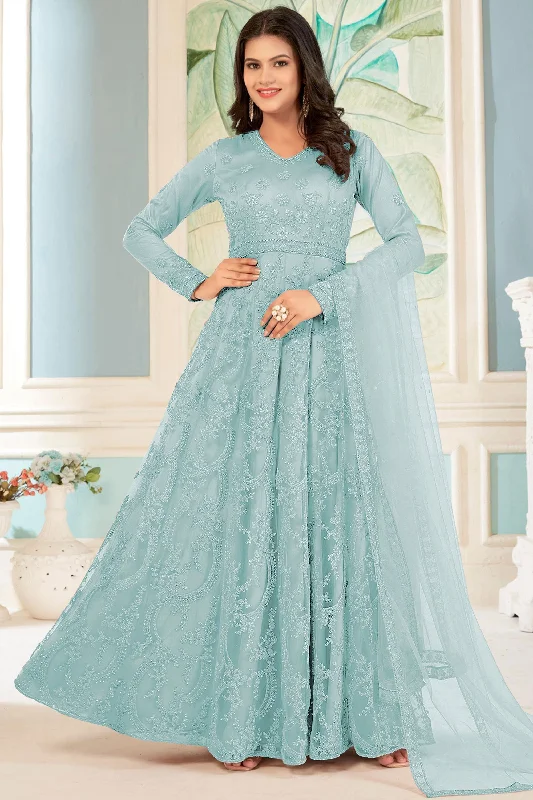 Embroidered Cyan Color Anarkali Salwar Kameez In Net Fabric Elegant unclassified dresses