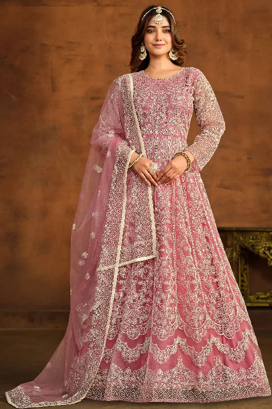 Embroidered Festive Wear Anarkali Dress In Net Fabric Pink Color Travel unclassified dresses