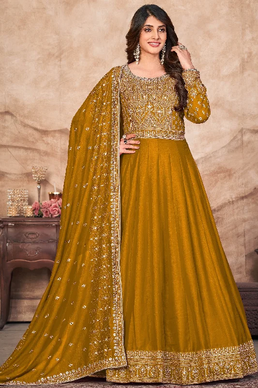 Embroidered Function Wear Anarkali Salwar Kameez In Art Silk Fabric Mustard Color Neutral tone unclassified dresses