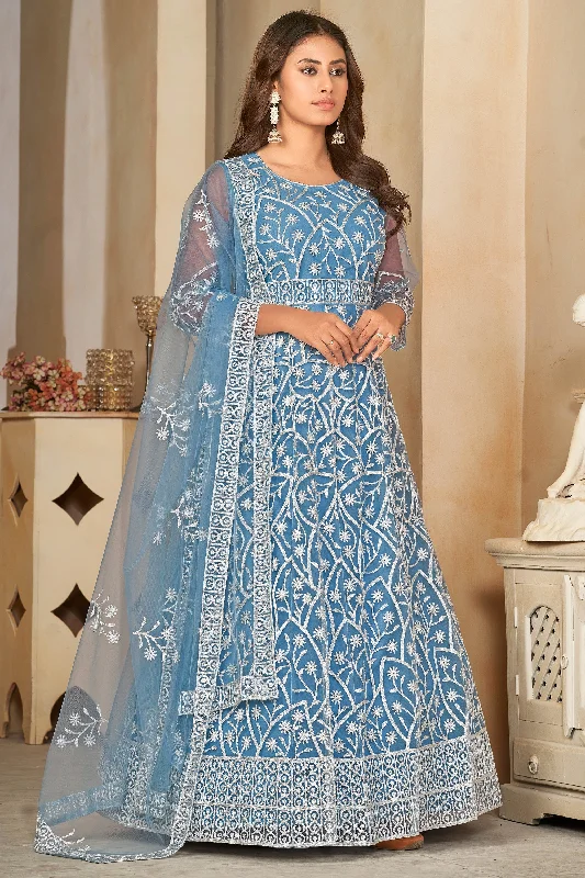 Embroidered Sky Blue Color Inventive Anarakali Suit In Net Fabric Trendy unclassified dresses