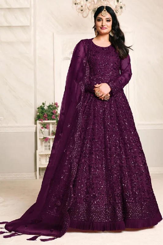 Embroidery Work Sangeet Wear Stylish Anarkali Suit In Purple Color Net Fabric Bold pattern unclassified dresses