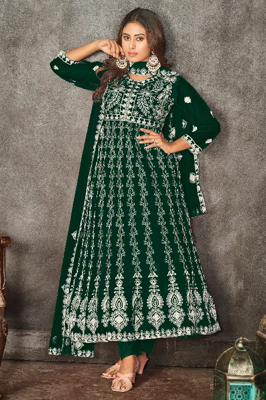 Engaging Green Color Net Fabric Embroidered Anarkali Suit A-line unclassified dresses