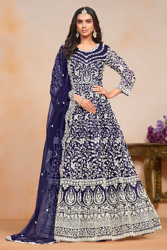 Engaging Navy Blue Color Net Fabric Embroidered Anarkali Suit Spring unclassified dresses