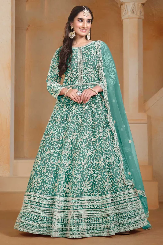 Engaging Sea Green Color Net Fabric Function Style Anarkali Suit Dark color unclassified dresses