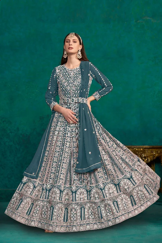 Engaging Teal Color Georgette Fabric Embroidered Anarkali Suit Soft fabric unclassified dresses