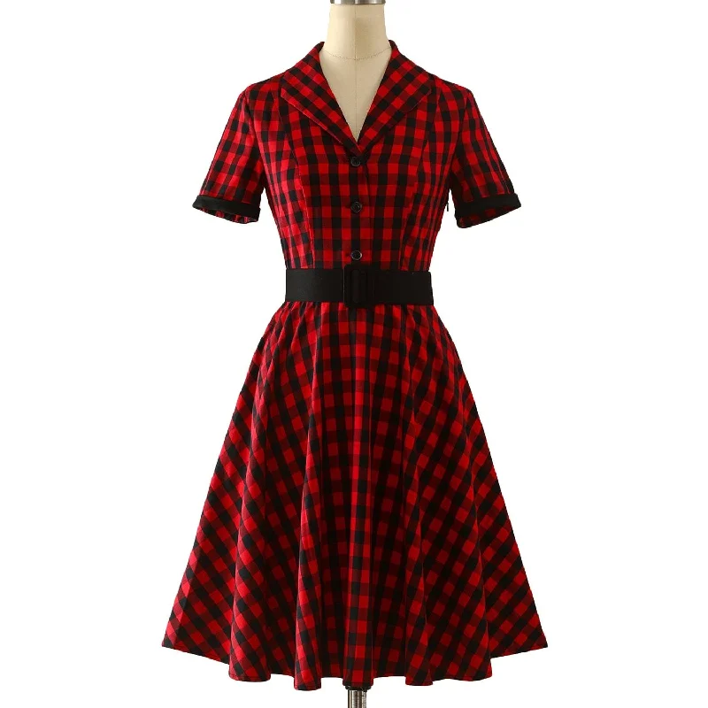 England Style Plaid Women Vintage Dress Gothic Punk 50s 60s Retro Red Turn Down Collar Swing Pin Up Rockabilly Jurken With Belt Halter unclassified dresses