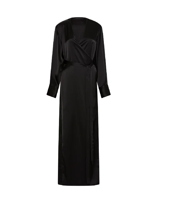 Mono Double Satin Wrap Dress in Black Cotton unclassified dresses