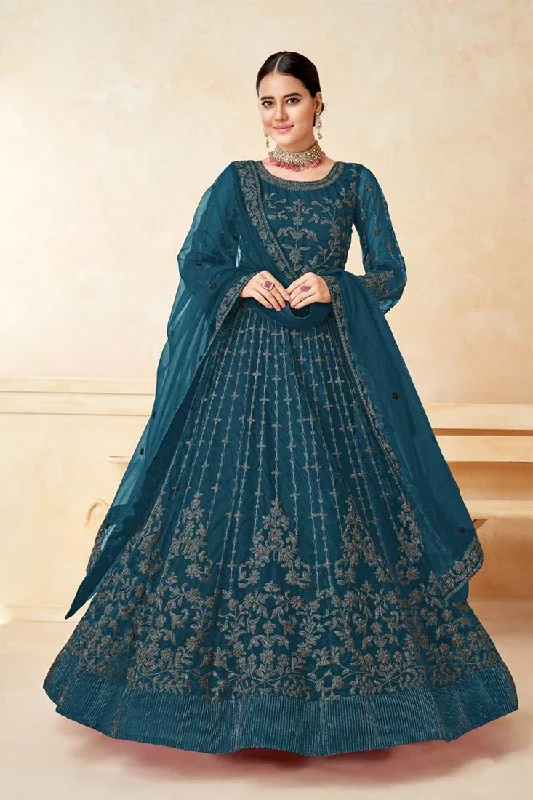 Excellent Net Fabric Teal Color Sangeet Wear Anarkali Suit Pastel unclassified dresses