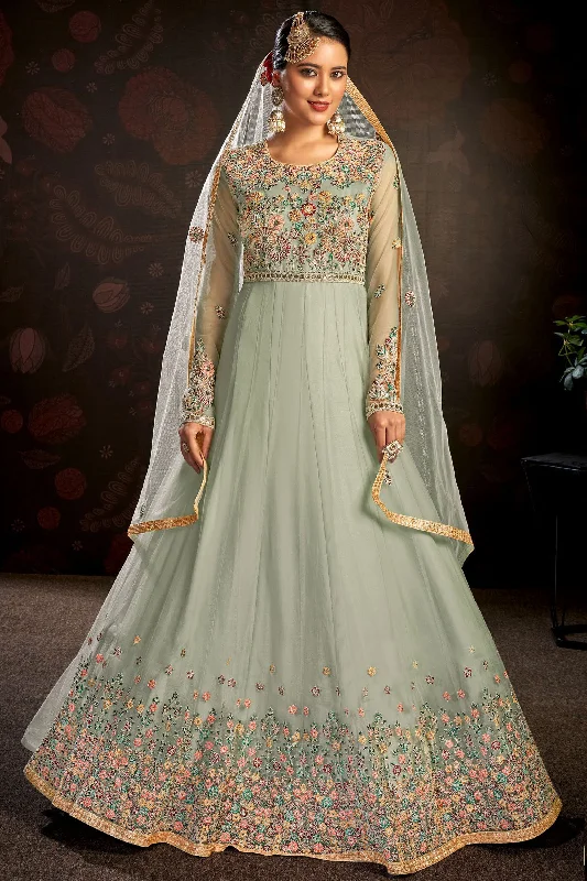 Fascinating Light Cyan Color Net Fabric Embroidered Anarkali Suit Boho unclassified dresses