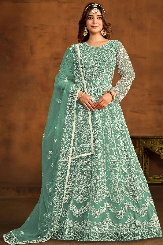 Festive Wear Sea Green Color Embroidered Anarkali Suit In Net Fabric Everyday wear unclassified dresses