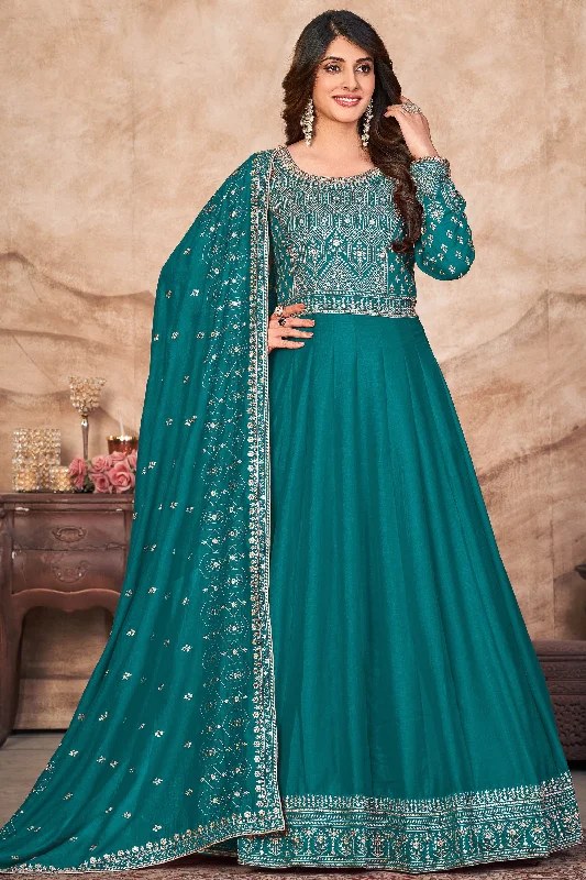 Function Wear Embroidered Art Silk Fabric Anarkali Salwar Kameez In Teal Color Winter unclassified dresses