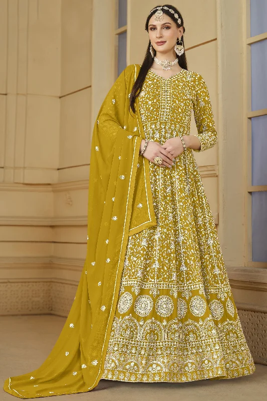 Function Wear Embroidered Georgette Fabric Anarkali Salwar Kameez In Yellow Color Engagement unclassified dresses