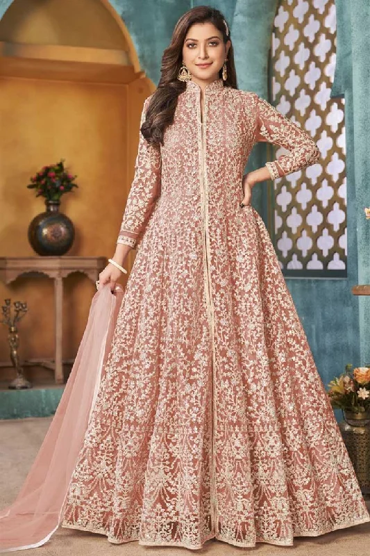 Function Wear Net Fabric Embroidered Work Peach Color Wonderful Anarkali Suit Designer unclassified dresses