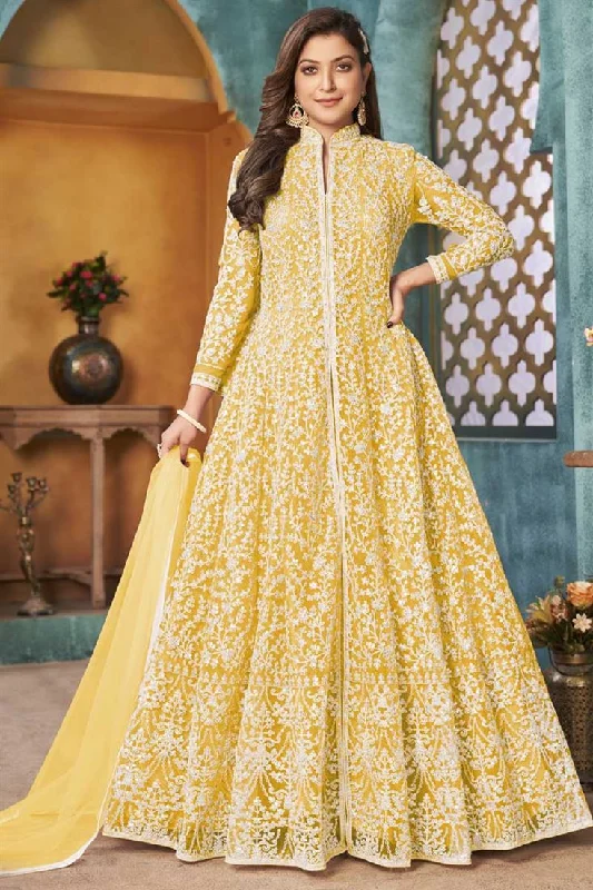 Function Wear Net Fabric Ingenious Embroidered Work Anarkali Suit In Yellow Color Long unclassified dresses