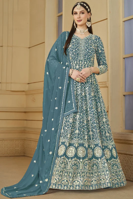 Function Wear Teal Color Embroidered Anarkali Suit In Georgette Fabric Fall unclassified dresses