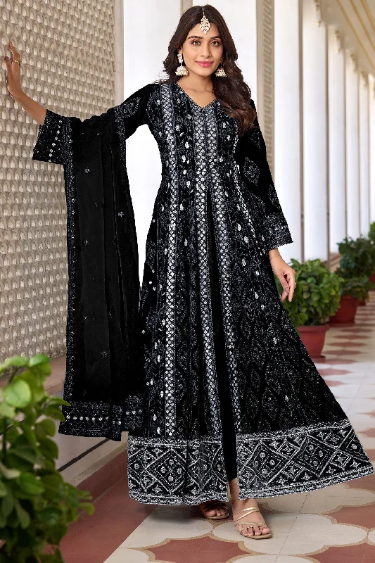 Georgette Embroidered Anarkali Suit In Black Color Sleeveless unclassified dresses