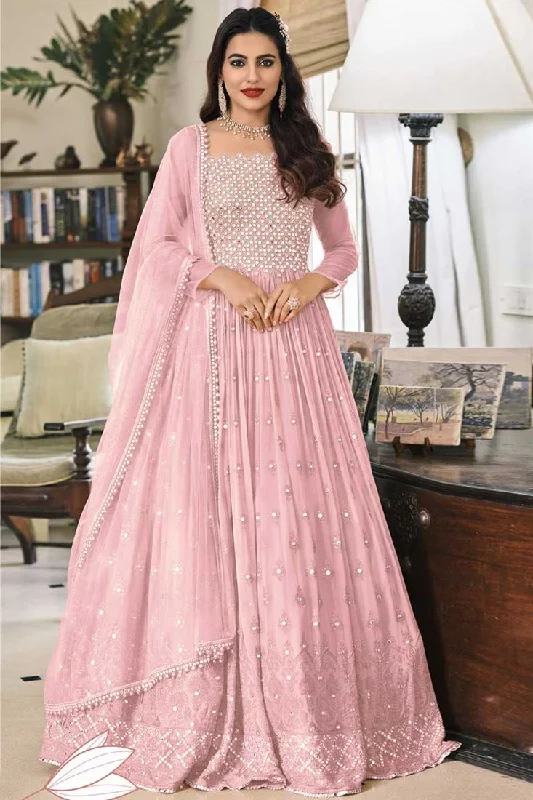 Georgette Fabric Designer Sangeet Wear Embroidered Work Anarkali Suit In Pink Color Office unclassified dresses