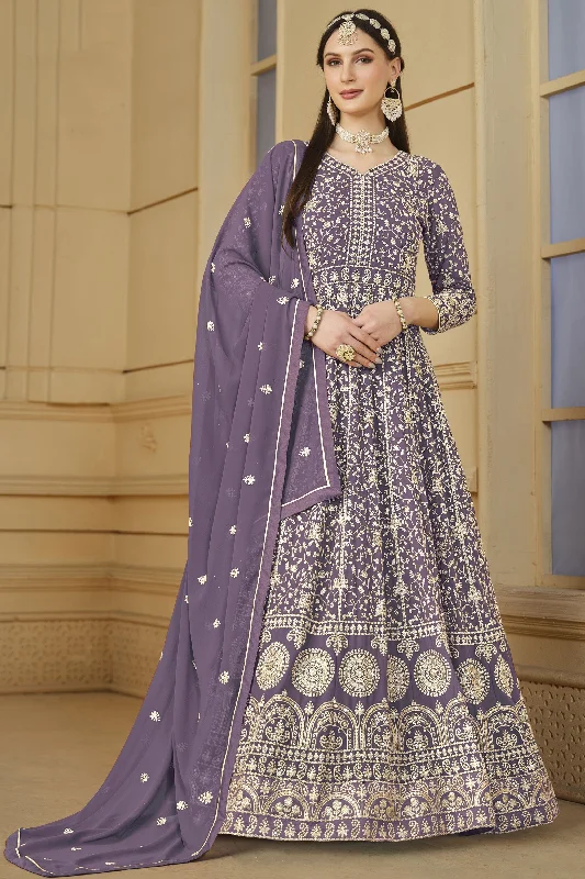 Georgette Fabric Embroidered Function Wear Anarkali Salwar Suit In Lavender Color Party unclassified dresses