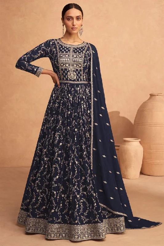 Georgette Fabric Function Wear Wondrous Anarkali Suit In Navy Blue Color Ruched unclassified dresses