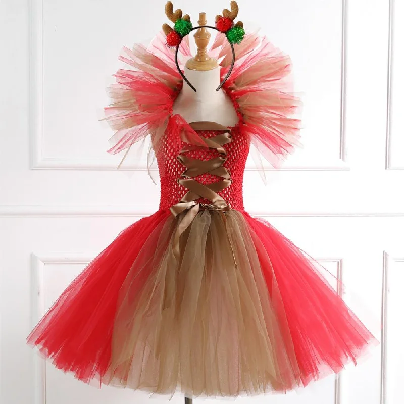 Girls Reindeer Dress Pricess Costume Handmade Tutu Mesh Dress Up 2021 Christmas Costume for Kids Travel unclassified dresses