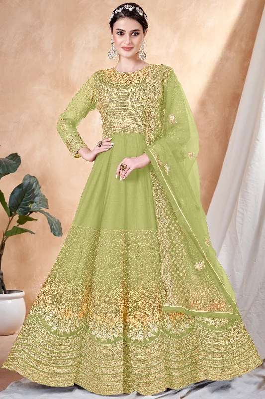 Green Color Festive Wear Anarkali Salwar Kameez In Net Fabric Floral unclassified dresses