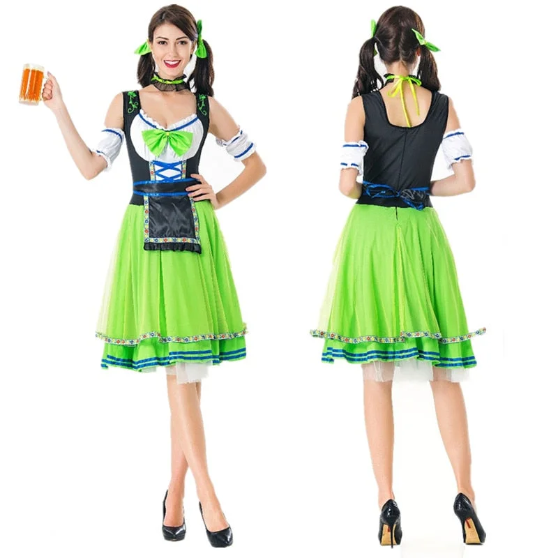 Green German Beer Girl Outfit Adult Bavarian Dirndl Dress Oktoberfest Festival Sexy Maid Costume Halloween Costumes For Women Sleeveless unclassified dresses