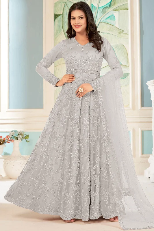 Grey Color Embroidered Anarkali Suit In Net Fabric Women's unclassified dresses