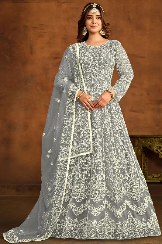 Grey Color Festive Wear Embroidered Anarkali Salwar Kameez In Net Fabric Vacation unclassified dresses