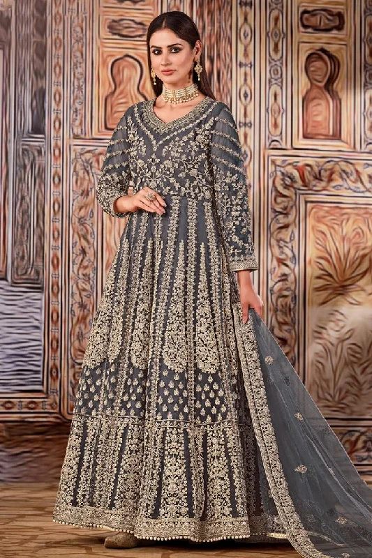 Grey Color Festive Wear Embroidered Net Fabric Anarkali Salwar Kameez Color block unclassified dresses