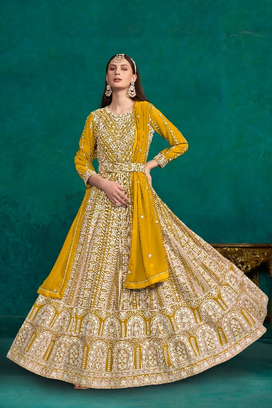 Incredible Georgette Fabric Mustard Color Embroidered Anarkali Suit Spring unclassified dresses