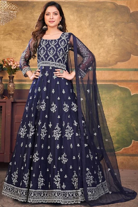 Incredible Net Fabric Navy Blue Color Function Look Anarkali Suit Boho unclassified dresses