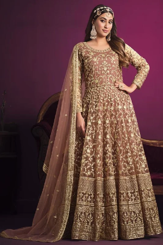 Incredible Net Fabric Peach Color Embroidered Anarkali Suit Silk unclassified dresses