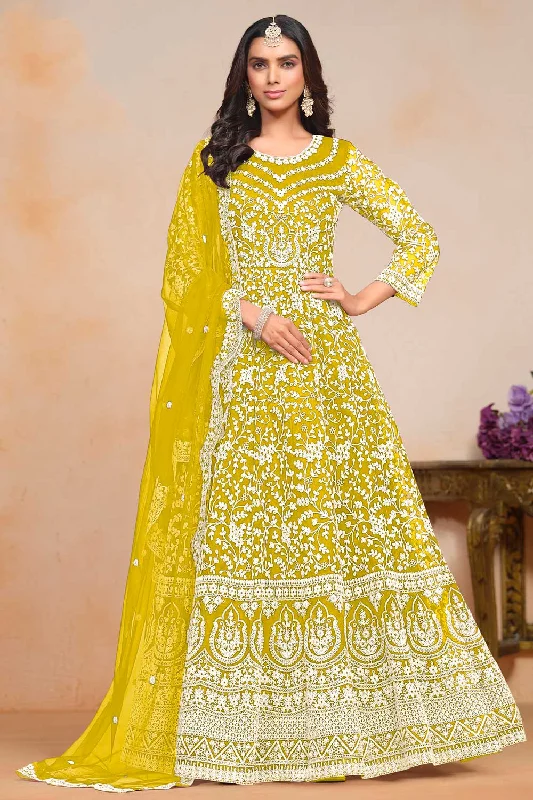 Incredible Net Fabric Yellow Color Embroidered Anarkali Suit Anniversary unclassified dresses