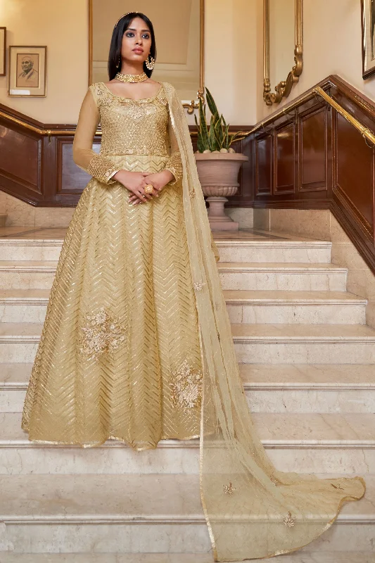 Inventive Function Style Beige Color Anarkali Suit In Net Fabric Designer unclassified dresses