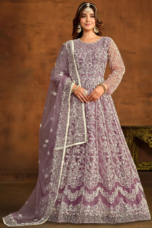 Lavender Color Festive Wear Embroidered Anarkali Salwar Suit In Net Fabric Popular unclassified dresses