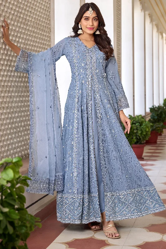 Light Blue Embroidered Anarkali Suit In Georgette Fabric Affordable unclassified dresses