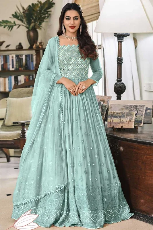 Light Cyan Color Sangeet Wear Charismatic Embroidered Work Anarkali Suit In Georgette Fabric Anniversary unclassified dresses