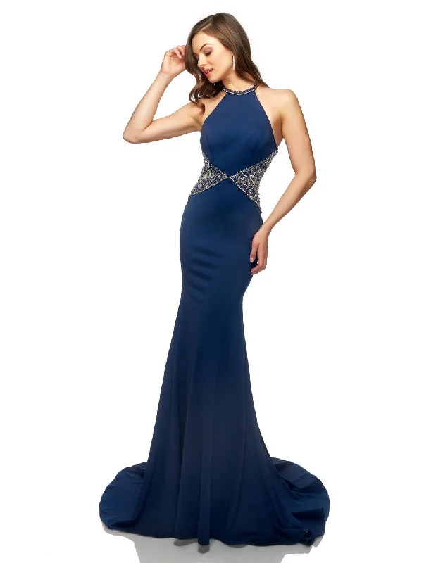 Lucci Lu 28002 Navy Halter Jersey Dress w/ Beaded Waistline Date night unclassified dresses