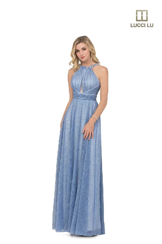 Lucci Lu 28050 Periwinkle Blue Keyhole Neckline Glitter Pleated Dress - Size 8 Comfortable unclassified dresses