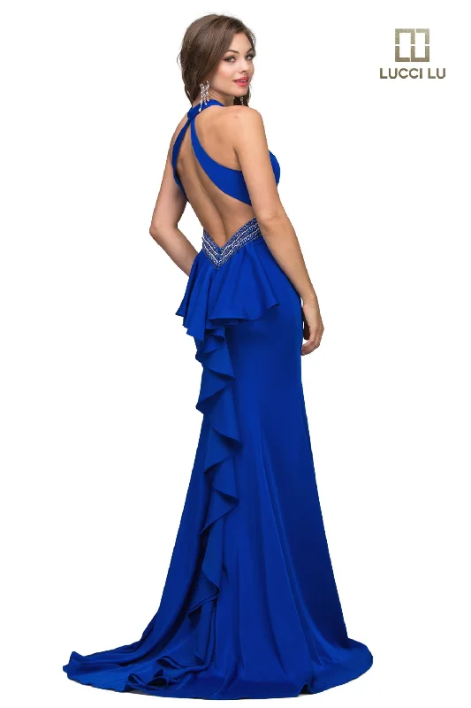 Lucci Lu 8242 Royal Blue Low Back Fitted Dress with Ruffle Train Neutral tone unclassified dresses