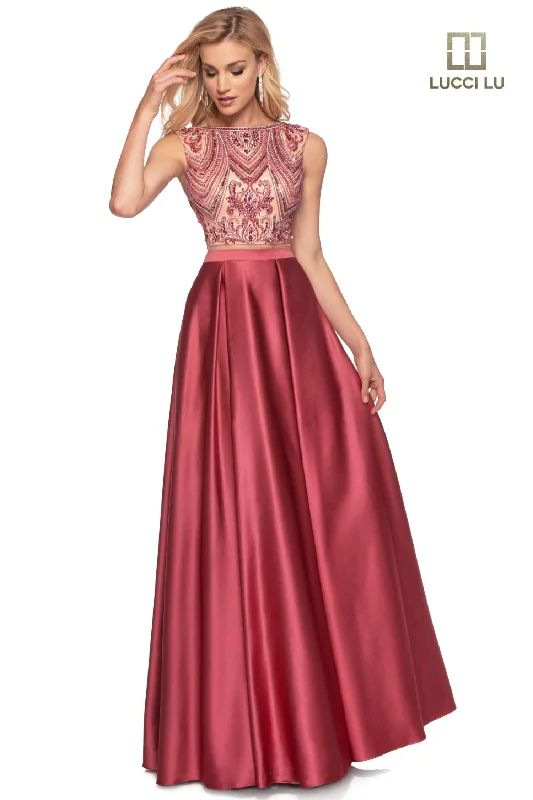 Lucci Lu 8246 Dark Rose Beaded Illusion Bodice Satin A-Line Dress - Size 8 Pastel unclassified dresses