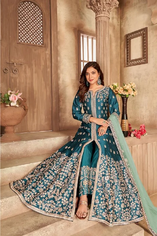 Looks Pretty Teal Art Silk Fabric Floor Length Anarkali Suit Preppy unclassified dresses