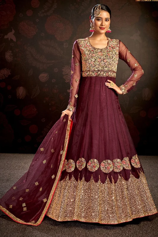 Maroon Color Glittering Net Fabric Embroidered Anarkali Suit Gothic unclassified dresses