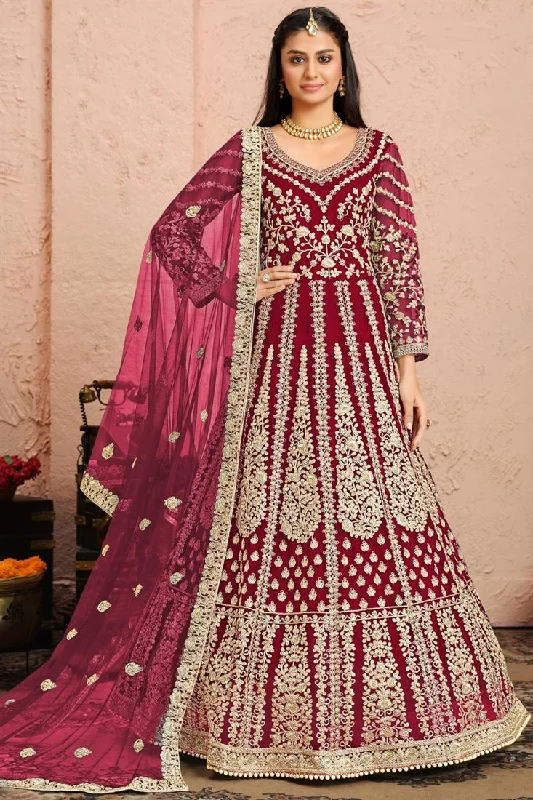 Maroon Color Net Fabric Sangeet Wear Embroidered Designer Anarkali Suit Casual chic unclassified dresses