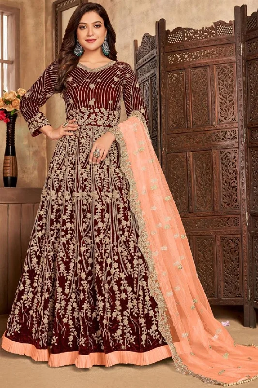 Maroon Color Velvet Fabric Function Wear Embroidered Attractive Anarkali Suit Ruched unclassified dresses