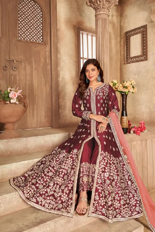 Maroon Embroidered Floor Length Anarkali Suit One-shoulder unclassified dresses