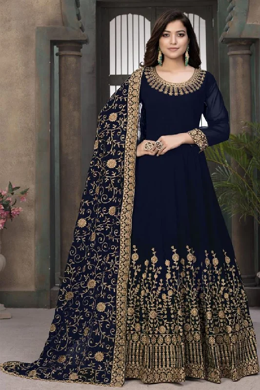 Navy Blue Color Function Wear Stylish Embroidered Georgette Fabric Anarkali Dress Pastel unclassified dresses