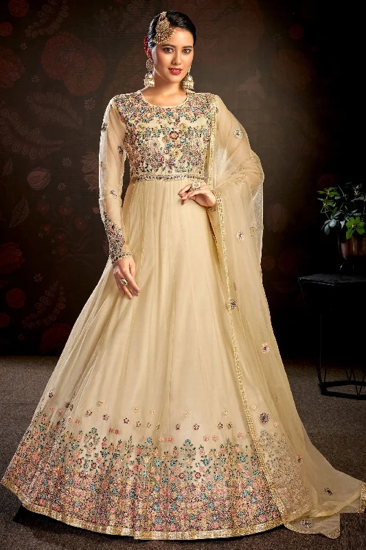 Net Fabric Beige Color Excellent Embroidered Anarkali Suit Ruched unclassified dresses