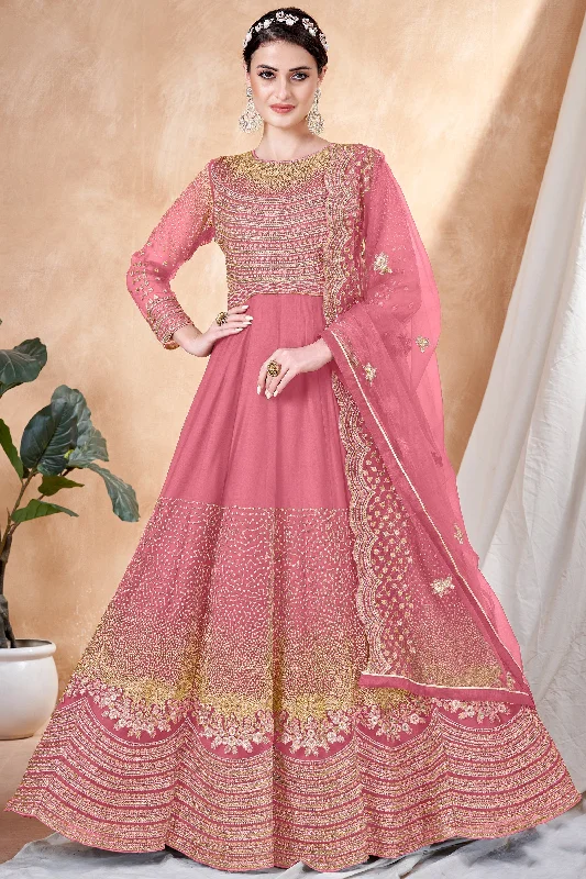 Net Fabric Embroidered Function Wear Anarkali Salwar Suit In Pink Color Printed unclassified dresses