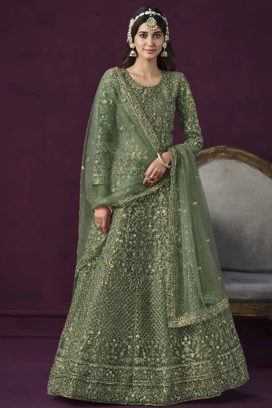 Net Fabric Embroidered Function Wear Stylish Anarkali Salwar Kameez In Sea Green Color One-shoulder unclassified dresses